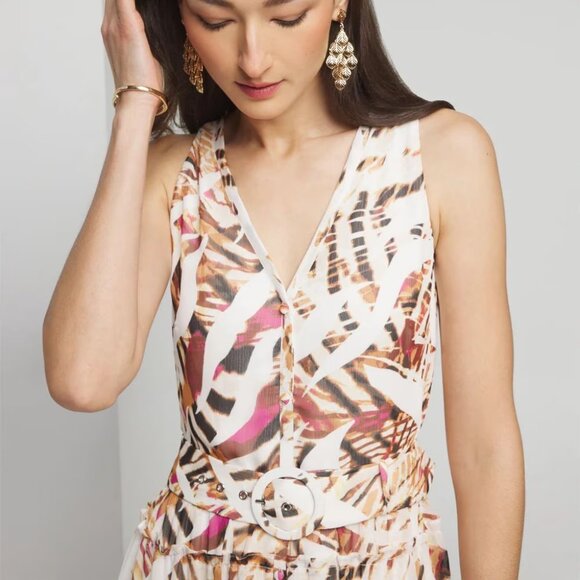 WHBM $180 Sleeveless Midi Shirtdress Dress Sundress Crinkle Chiffon Belted 10 - Picture 3 of 8